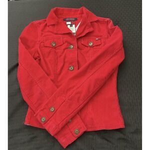 Tommy Jeans Jacket Womens XS Red Corduroy Button Front Logo Pockets Slim Fit